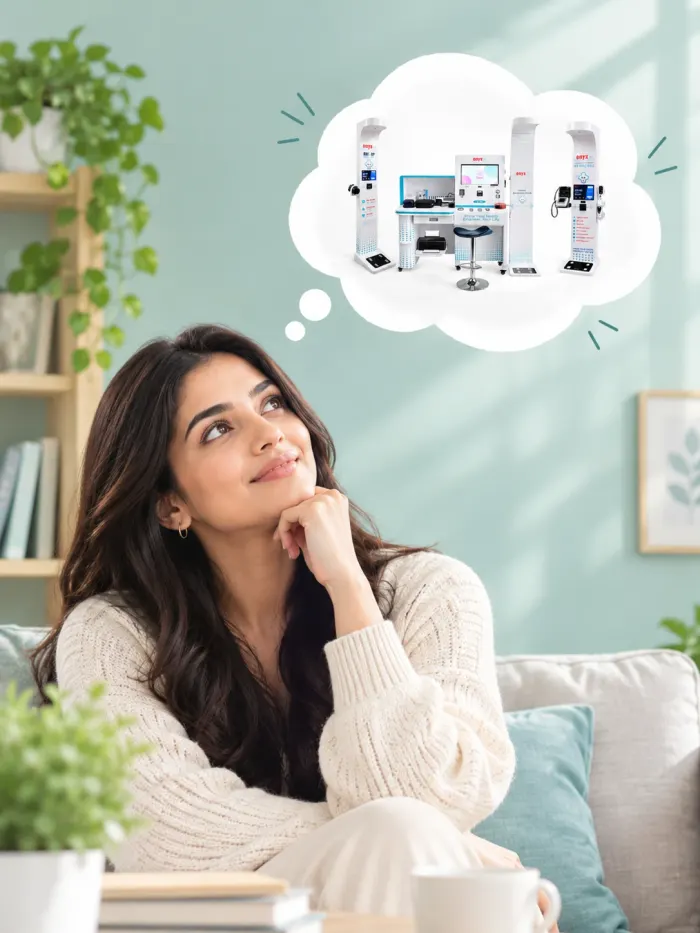 Woman thinking about Onyx health screening kiosks